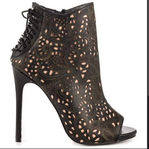 Steve madden korsett nude black leather lace peep toe stiletto booties 6.5 - Picture 1 of 11